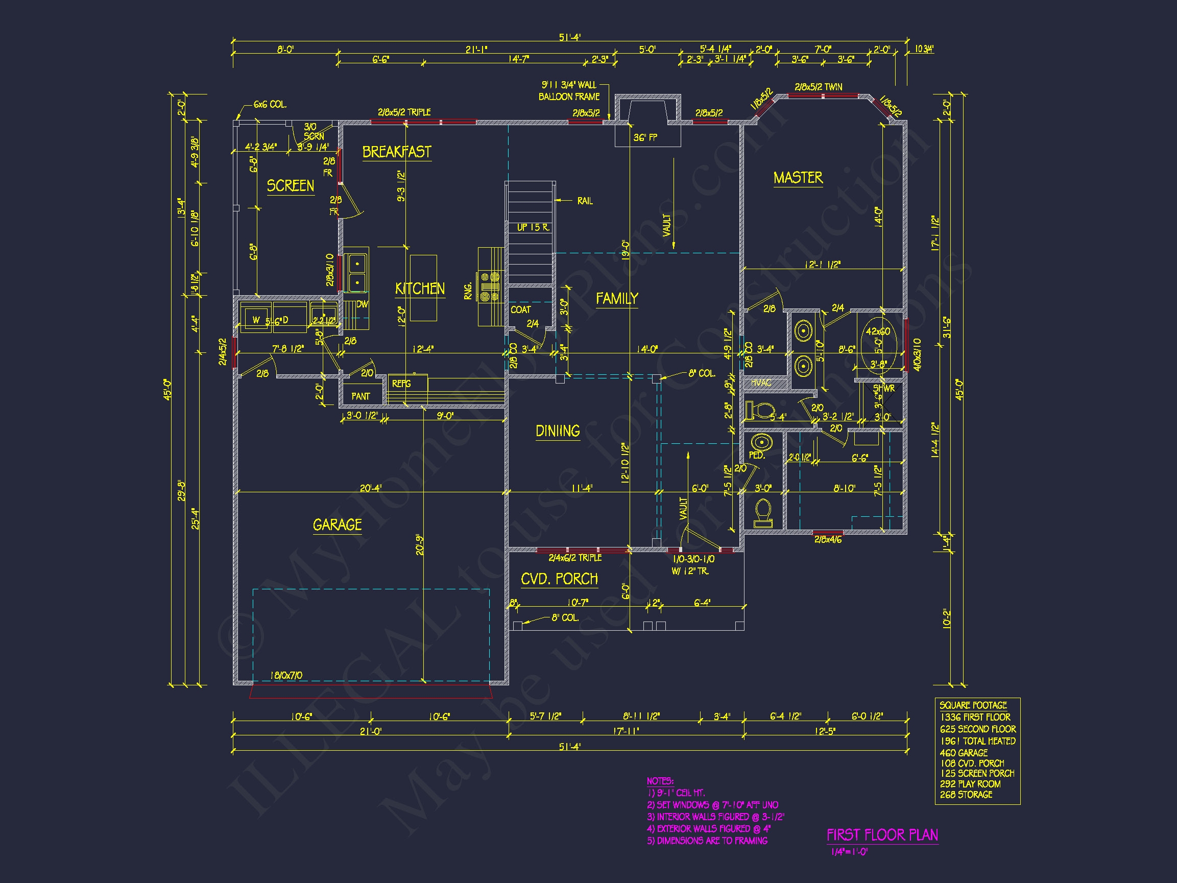 Beautiful Home Plan with CAD Designs: 3-Bedroom,51'-4 Layout