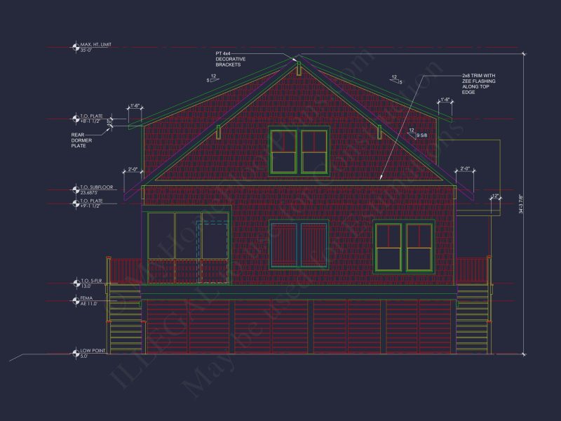 Charming Beach house Plan with 4 Beds, 2 Floors, CAD Designs