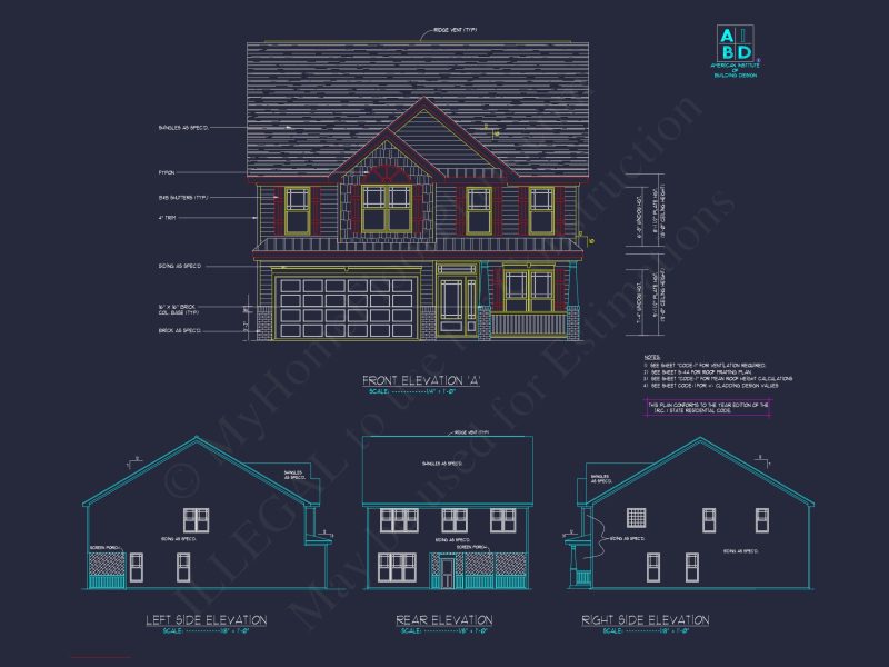 Classic Suburban house Plan with 2-Story Design and CAD Blueprint