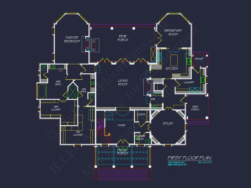 Classical house Floor Plan: 2-Story Design with CAD Blueprints