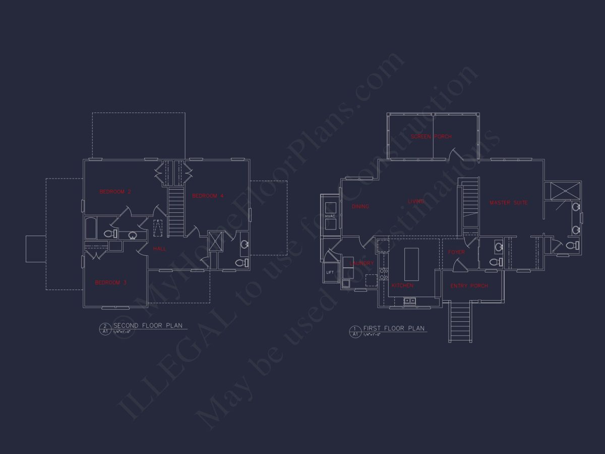 Coastal 2-Story house Plan: 4 BR, Island, CAD Blueprint