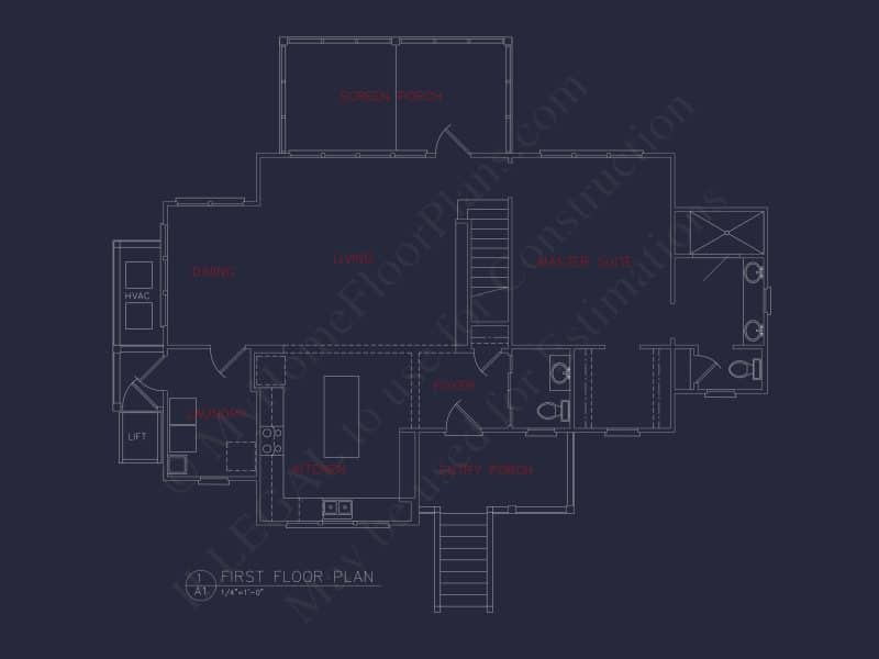 Coastal 2-Story house Plan: 4 BR, Island, CAD Blueprint