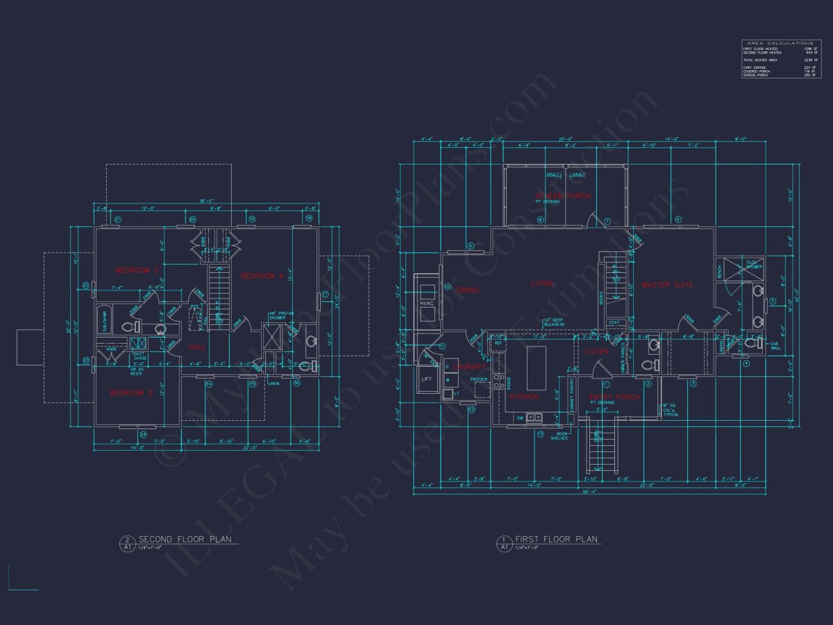 Coastal 2-Story house Plan: 4 BR, Island, CAD Blueprint