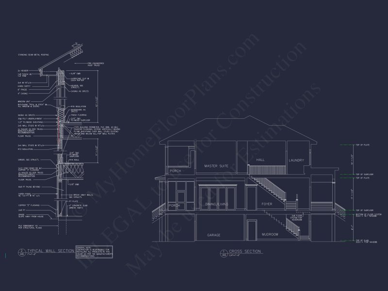 Coastal 2.5-Story house Plan: 5-Bed, 4-Bath, CAD Blueprint