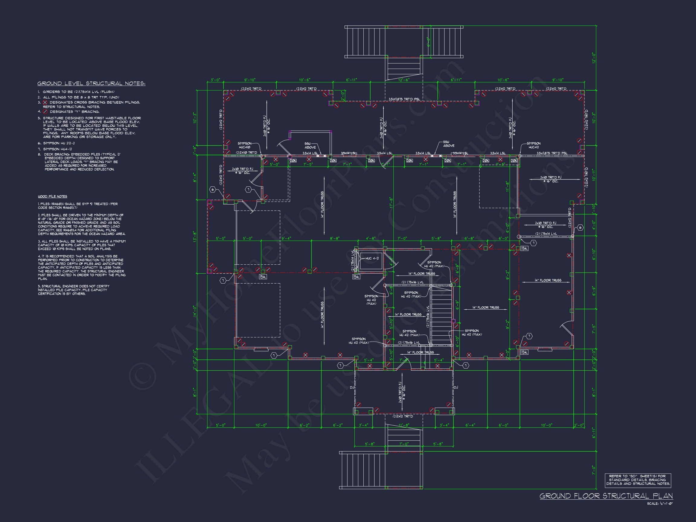 Coastal 2.5-Story house Plan: 5-Bed,4-Bath,CAD Blueprint