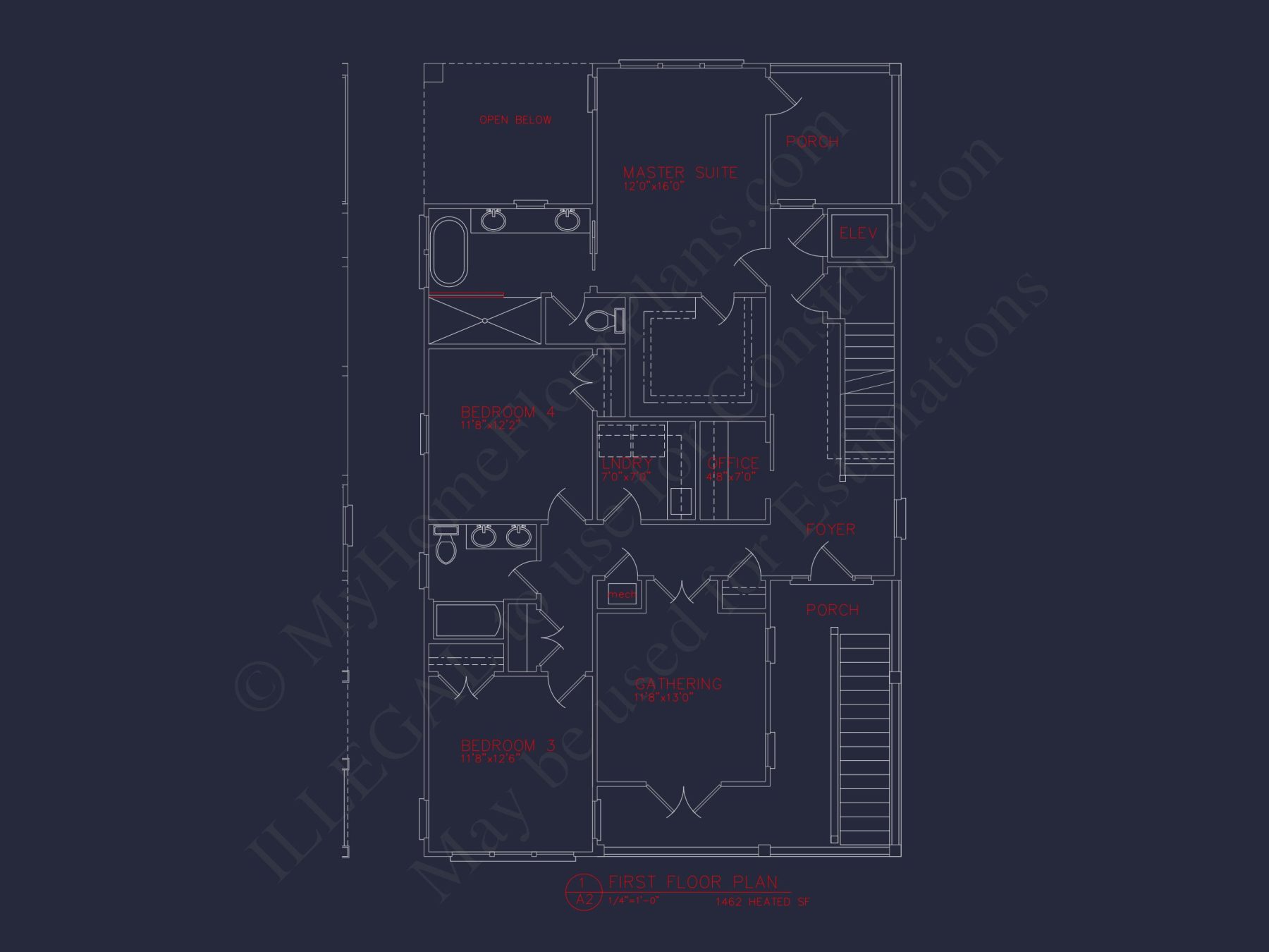 Coastal 3-Story Beach house Floor Plan: 4-Bed, CAD Blueprint