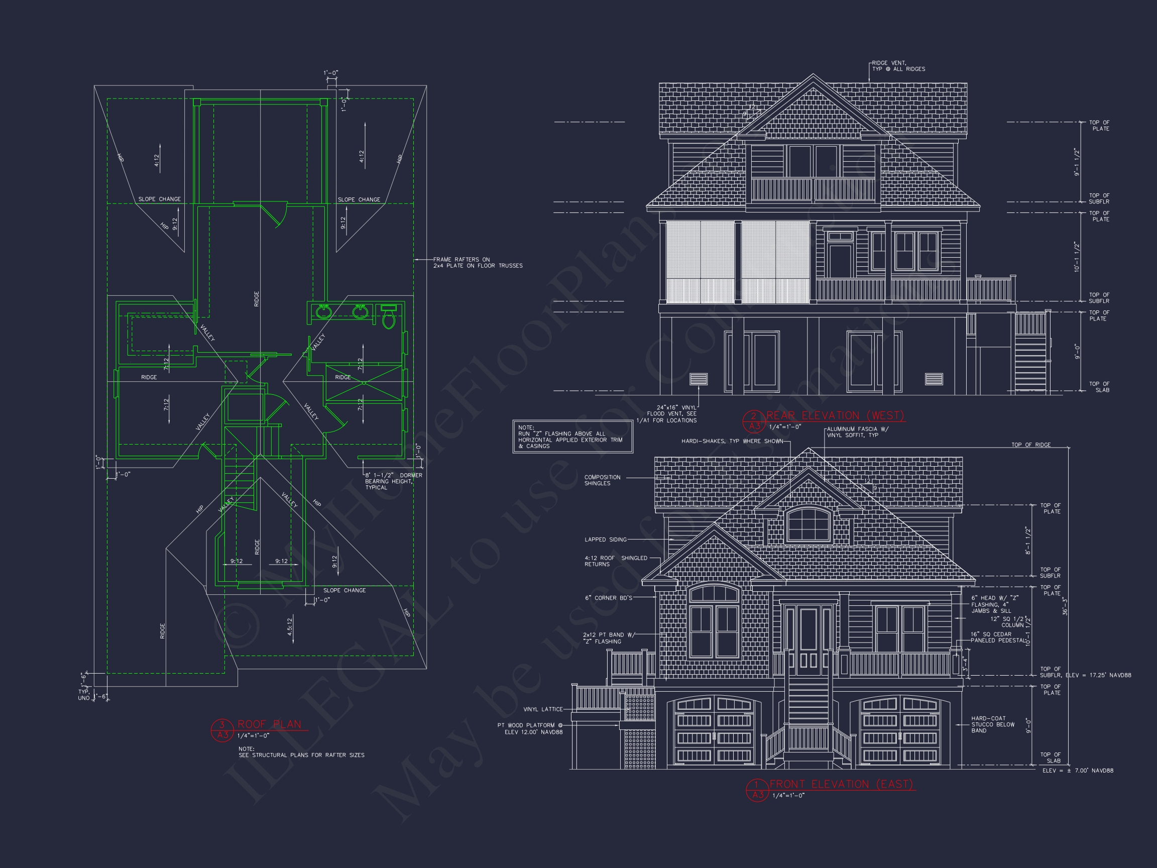 Coastal 3-Story Home Plan: 3 Bed,3 Bath,Elevator,CAD