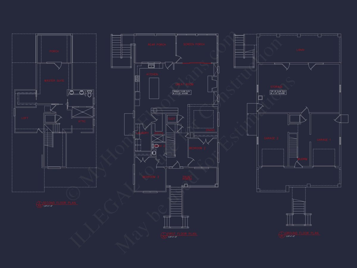 Coastal 3-Story house Plan: 3 Bed, 3 Bath, Elevator, CAD