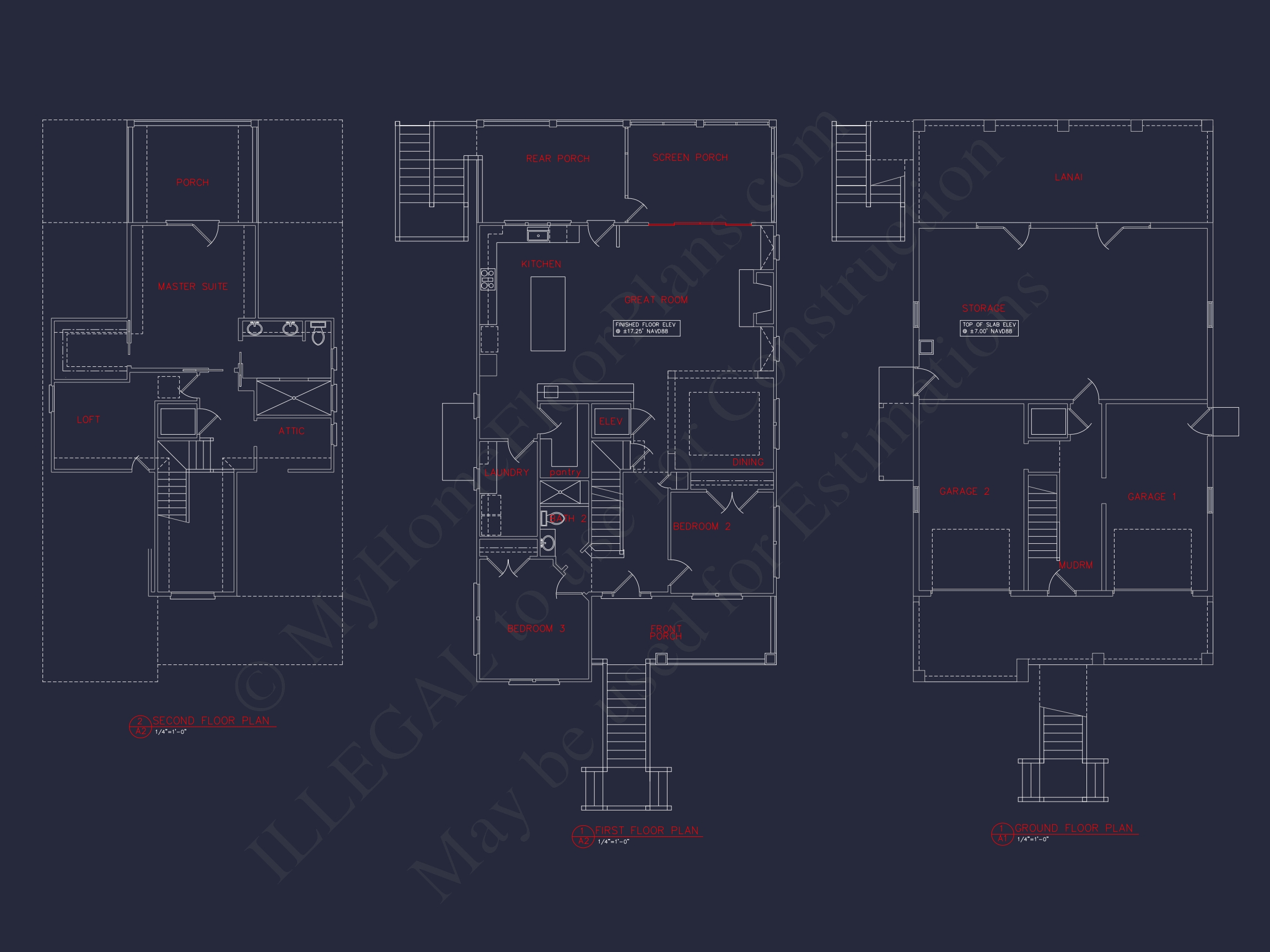 Coastal 3-Story Home Plan: 3 Bed,3 Bath,Elevator,CAD