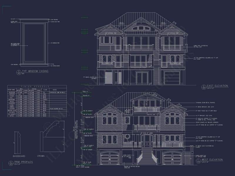 Coastal 4-Story house Floor Plan: 4-Bed, 3-Bath, CAD Blueprint