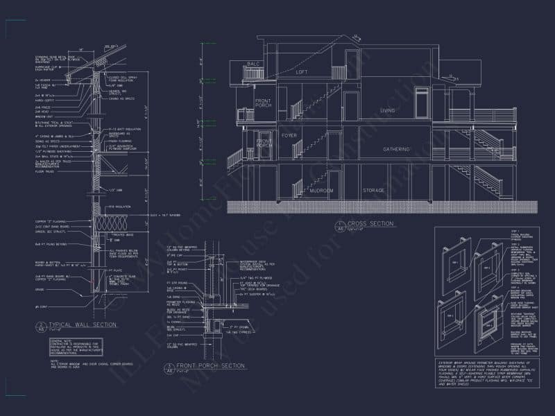 Coastal 4-Story house Floor Plan: 4-Bed, 3-Bath, CAD Blueprint