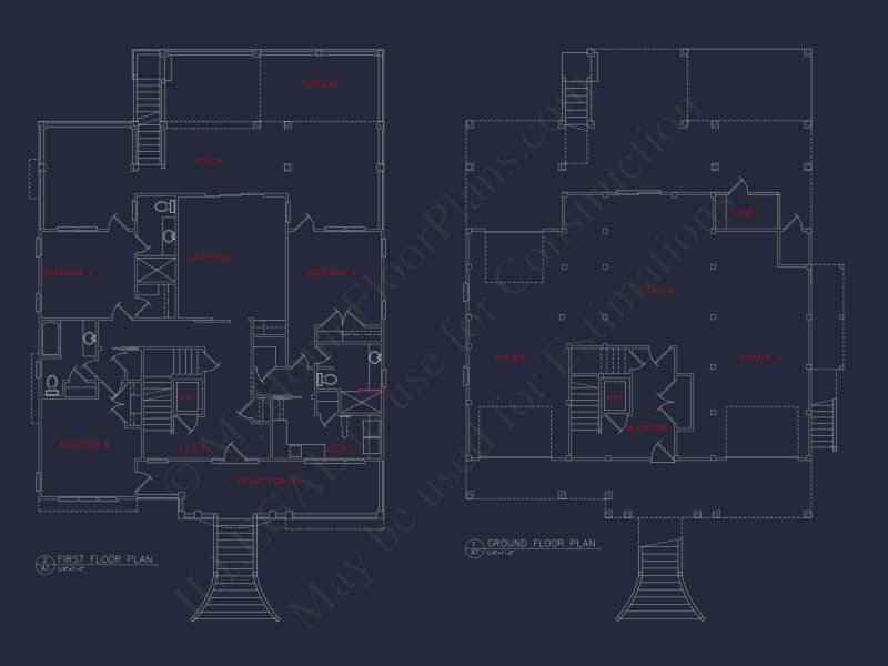 Coastal 4-Story house Floor Plan: 4-Bed, 3-Bath, CAD Blueprint