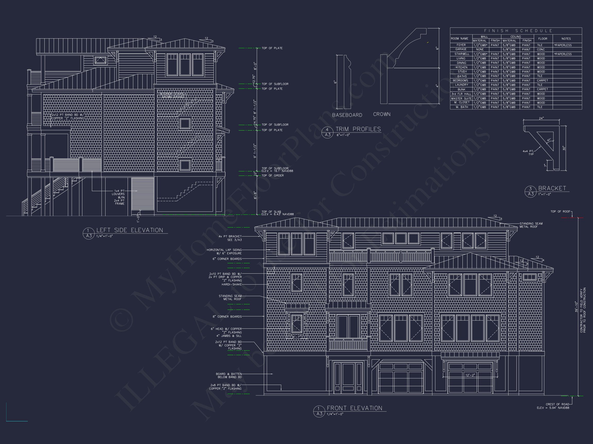 Coastal 4-Story house Floor Plan: 4 Bed,4 Bath,CAD