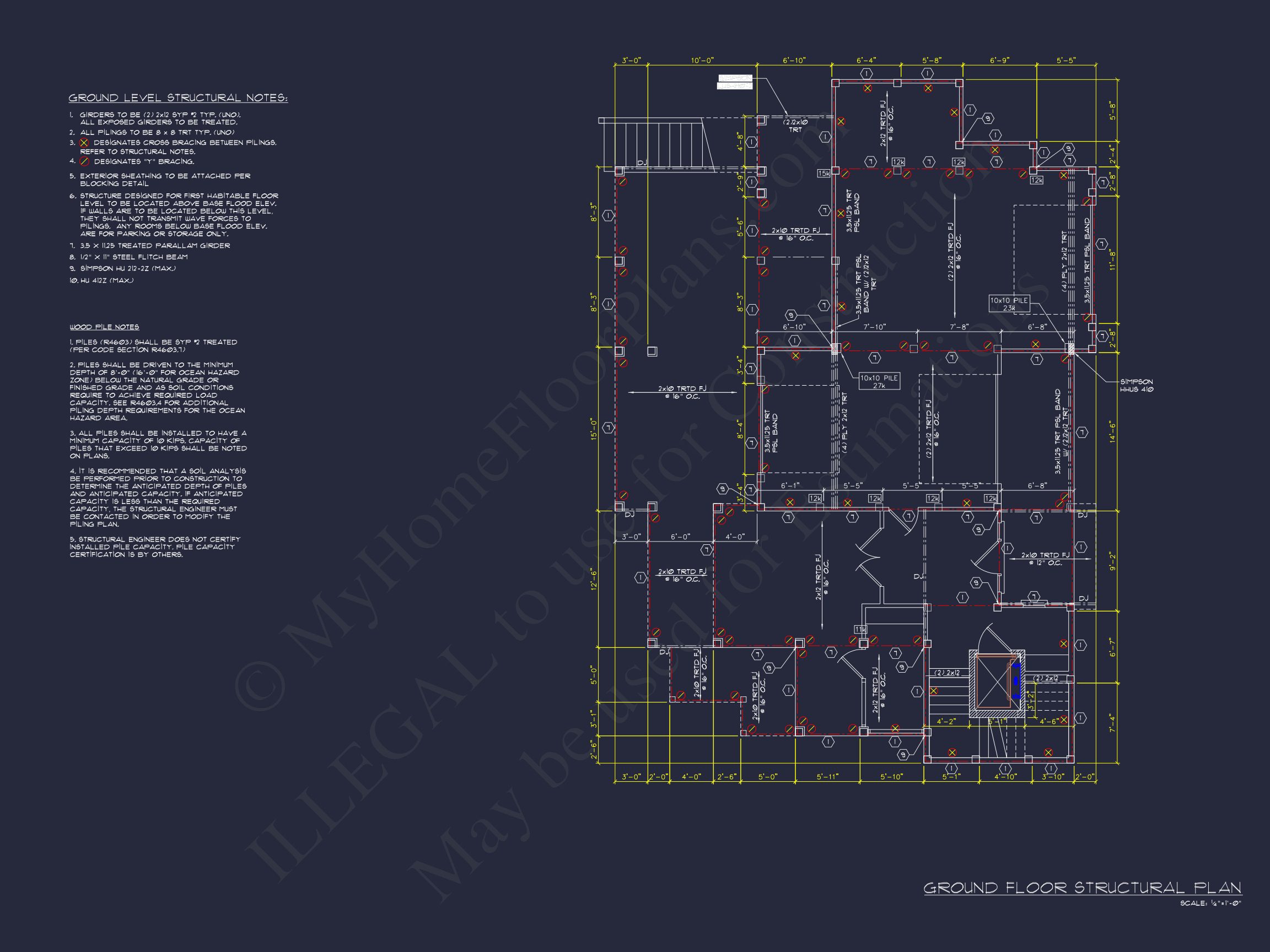 Coastal 4-Story house Floor Plan: 4 Bed,4 Bath,CAD