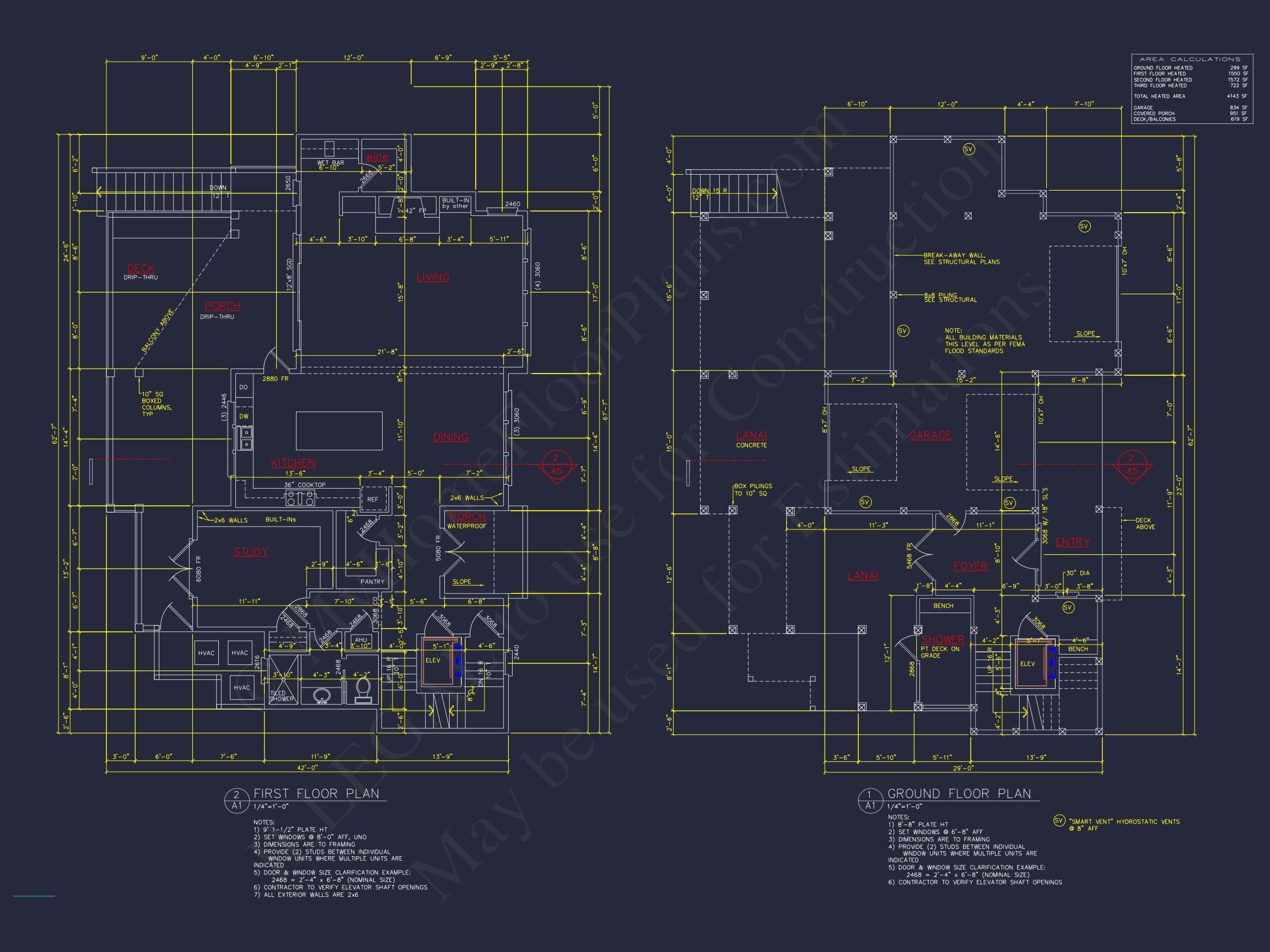 Coastal 4-Story house Floor Plan: 4 Bed,4 Bath,CAD