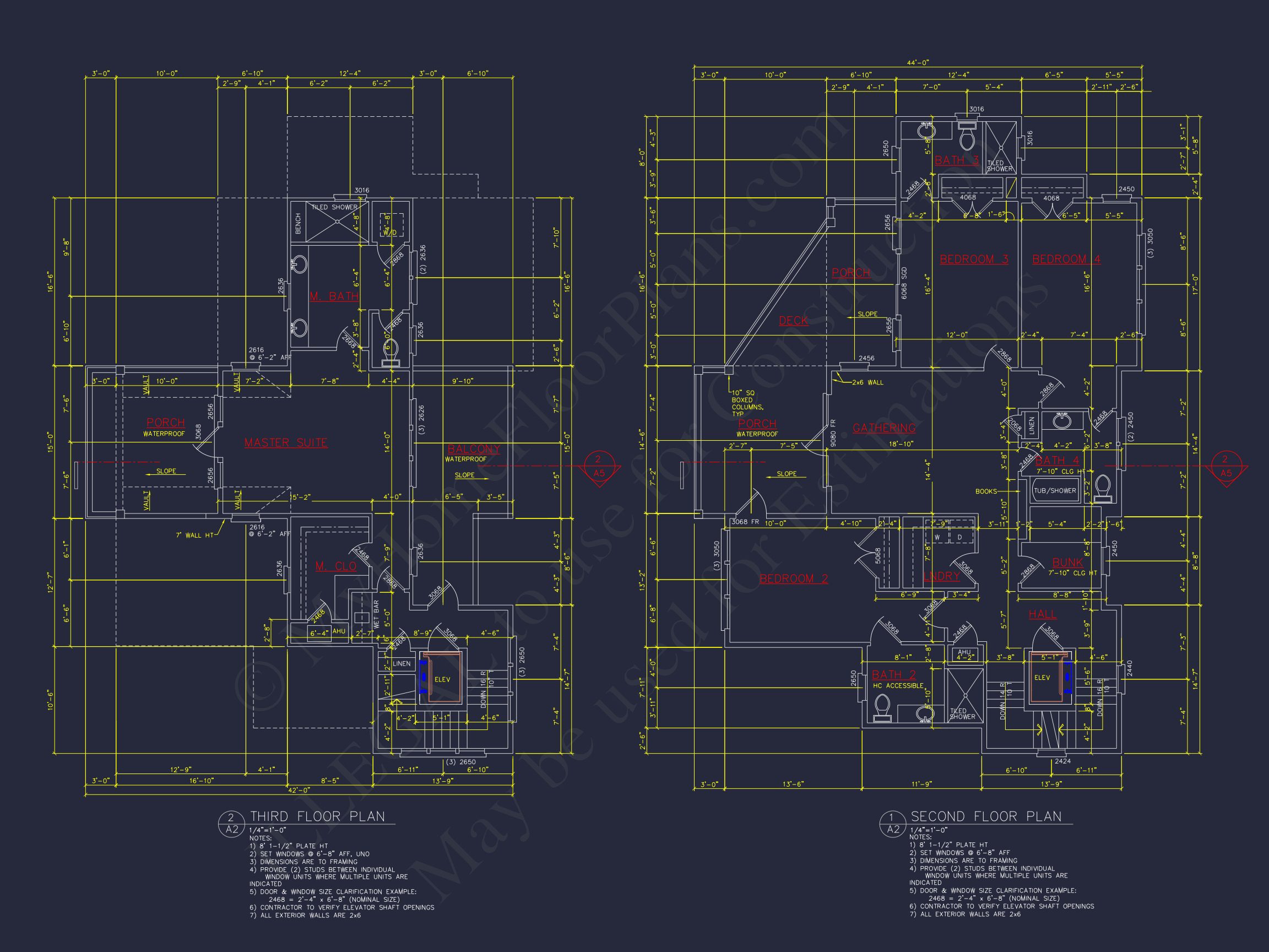Coastal 4-Story house Floor Plan: 4 Bed,4 Bath,CAD