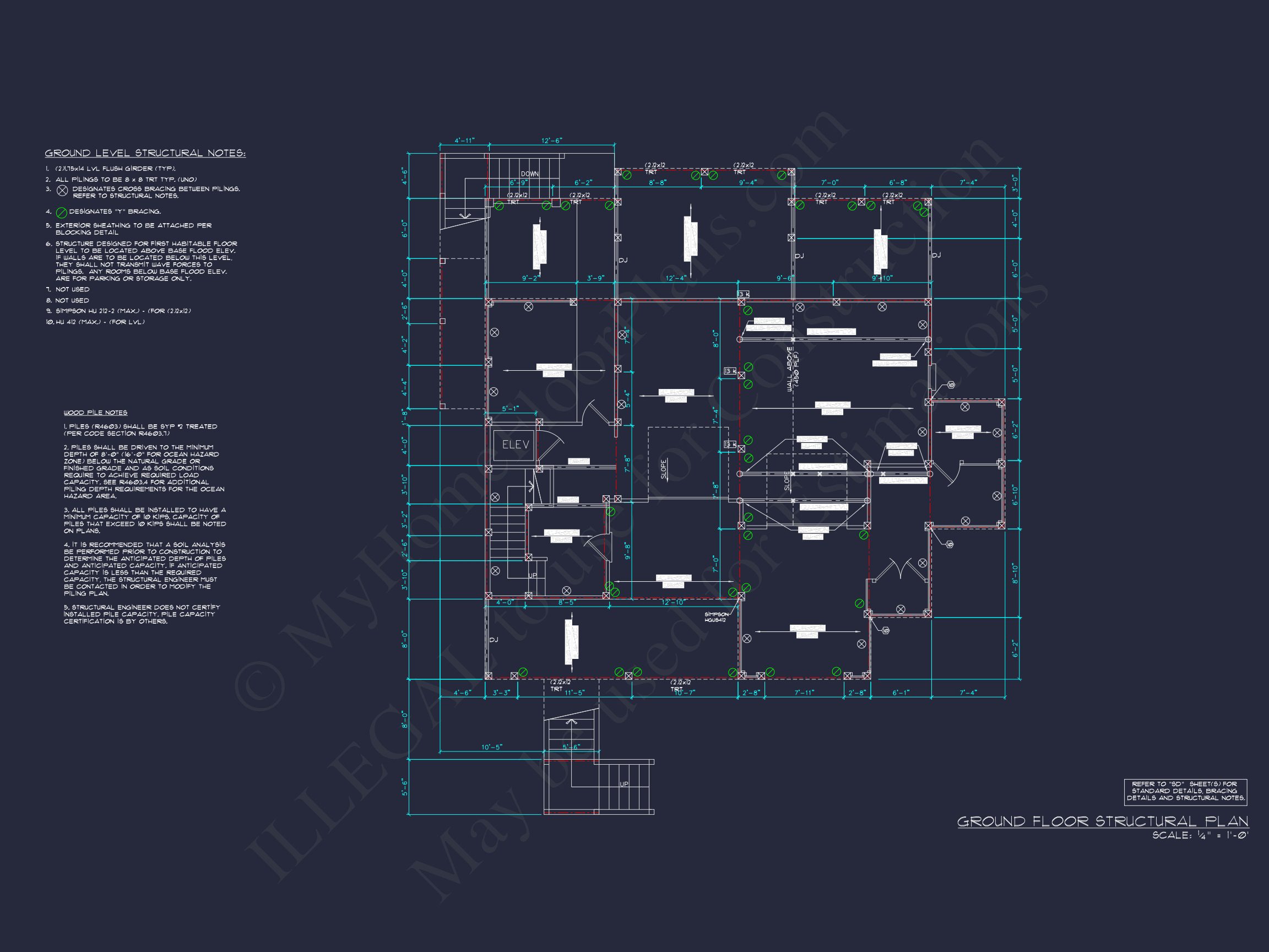 Coastal house Floor Plan: 3-Bed,2374 Sq Ft,CAD Blueprint