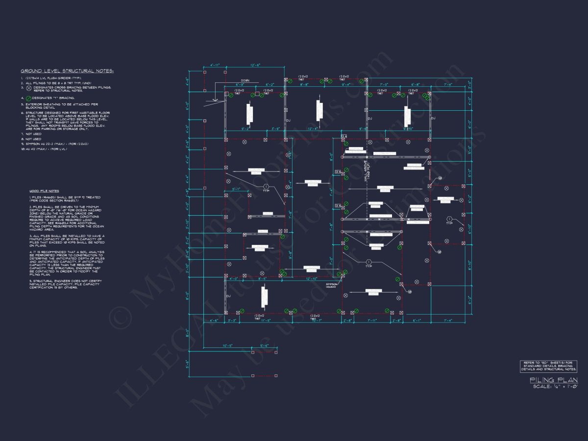 Coastal house Floor Plan: 3-Bed, 2374 Sq Ft, CAD Blueprint
