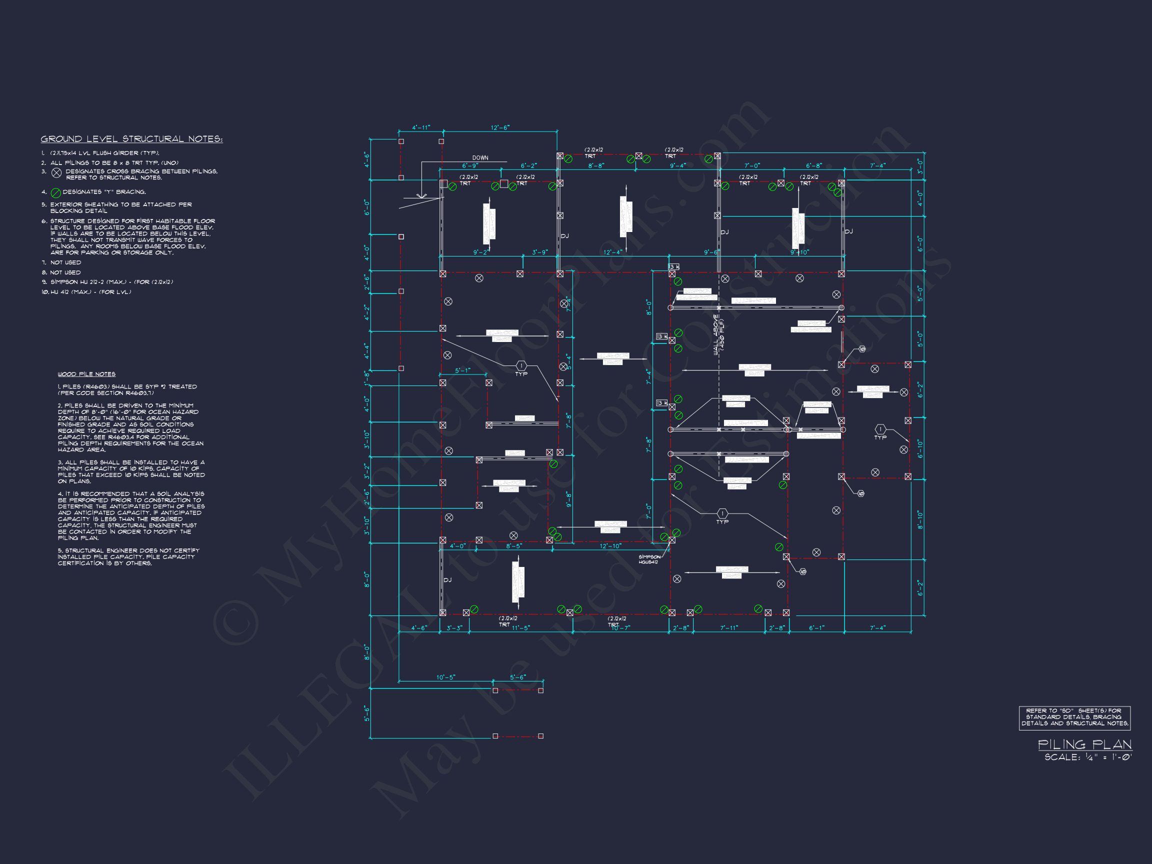 Coastal house Floor Plan: 3-Bed,2374 Sq Ft,CAD Blueprint