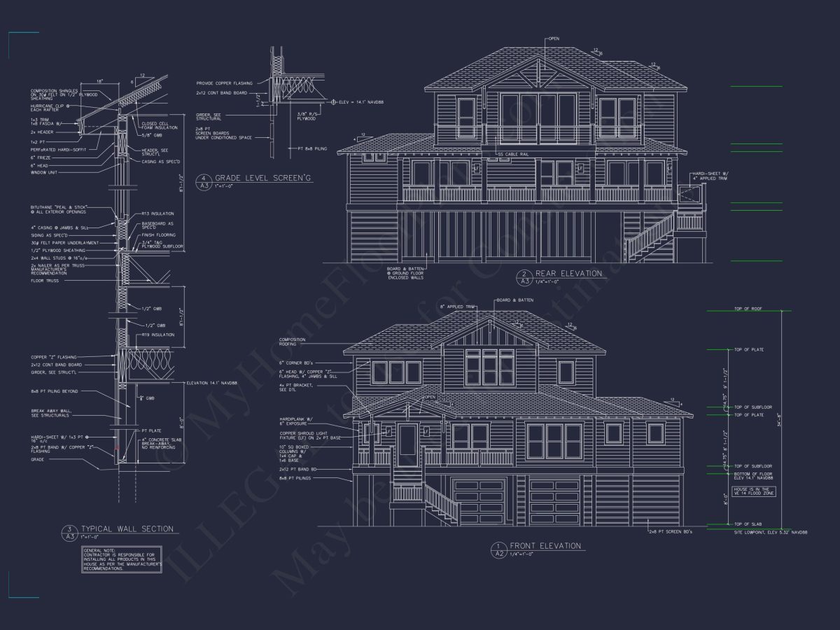 Coastal house Floor Plan: 3-Bed, 2374 Sq Ft, CAD Blueprint