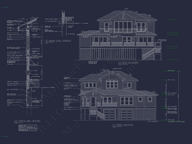 Coastal house Floor Plan: 3-Bed, 2374 Sq Ft, CAD Blueprint