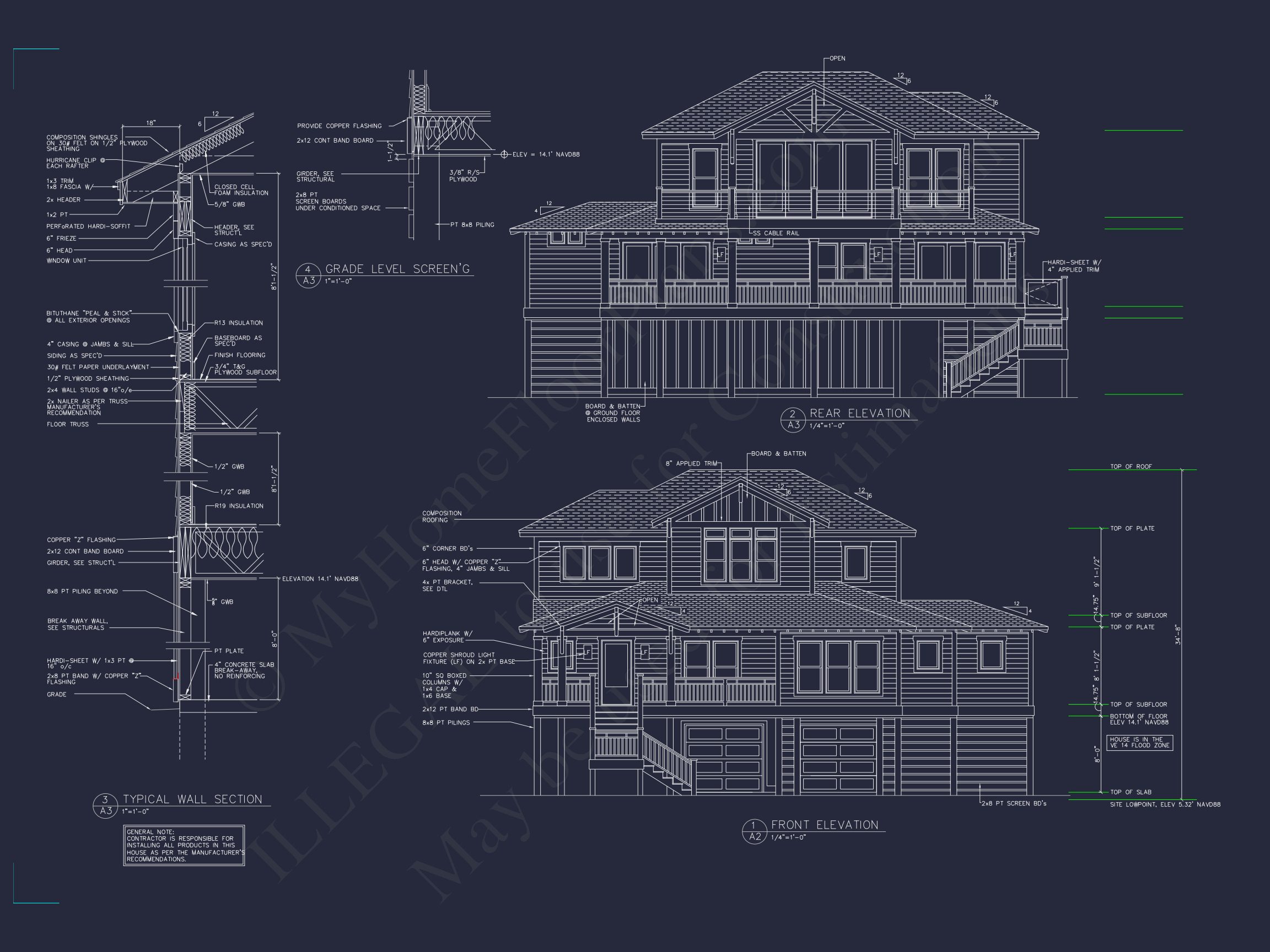 Coastal house Floor Plan: 3-Bed,2374 Sq Ft,CAD Blueprint