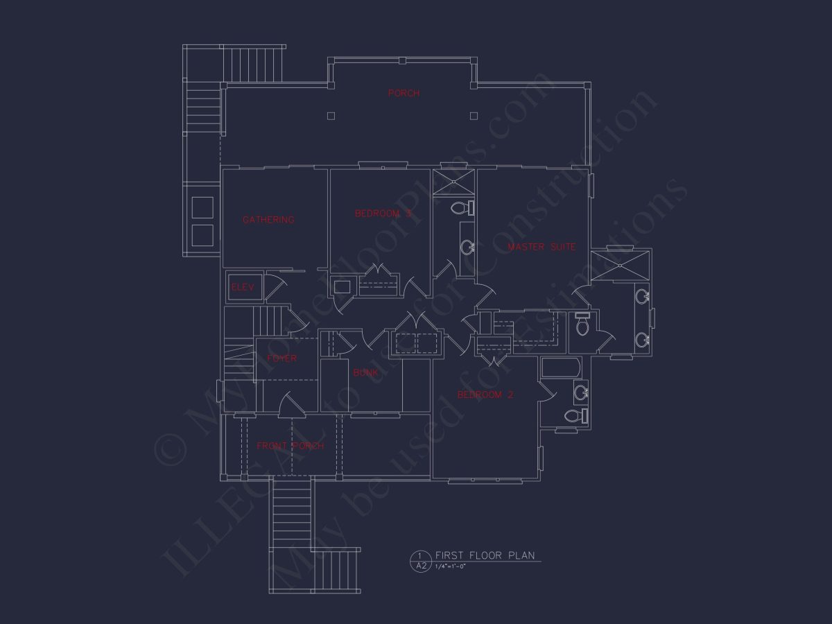 Coastal house Floor Plan: 3-Bed, 2374 Sq Ft, CAD Blueprint