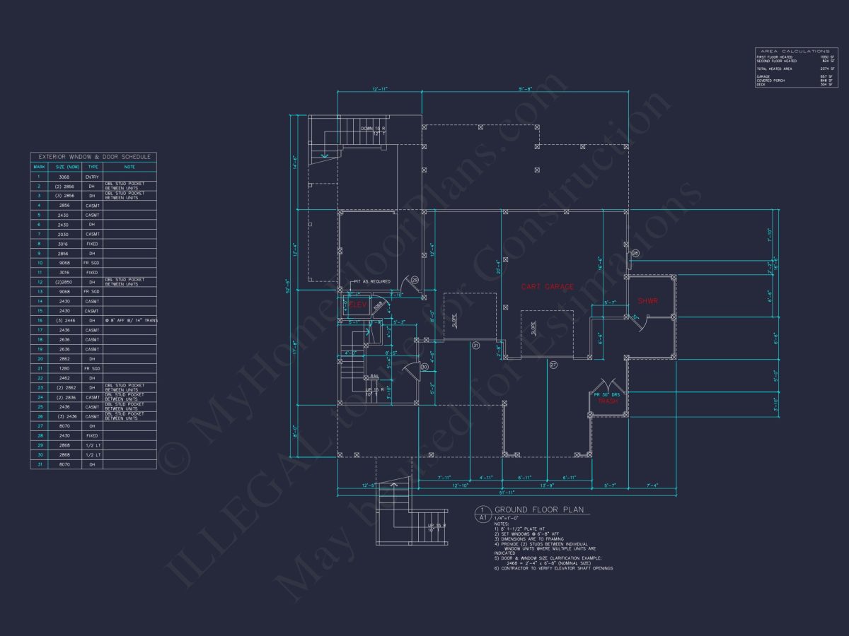 Coastal house Floor Plan: 3-Bed, 2374 Sq Ft, CAD Blueprint