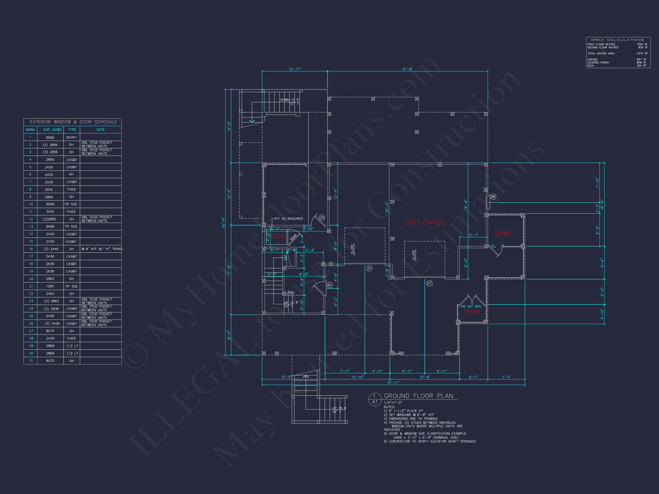 Coastal house Floor Plan: 3-Bed,2374 Sq Ft,CAD Blueprint