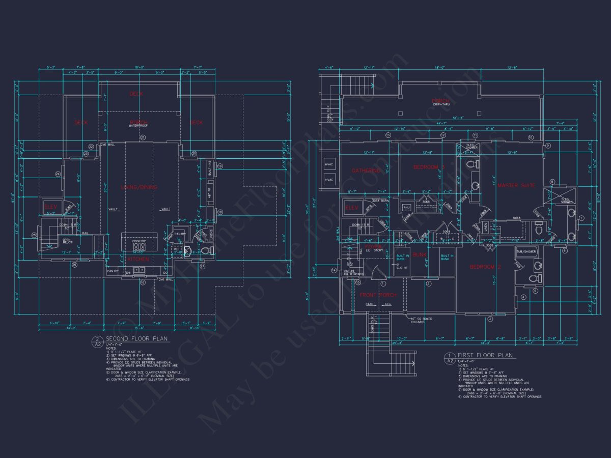 Coastal house Floor Plan: 3-Bed, 2374 Sq Ft, CAD Blueprint