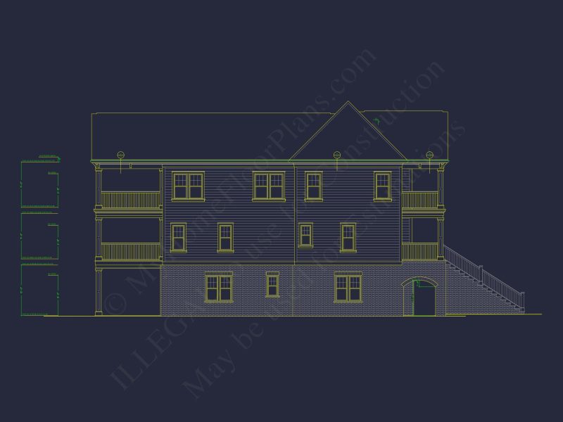 Coastal house Floor Plan: 3-Story, 3-Bed, 2-Bath, CAD Blueprint