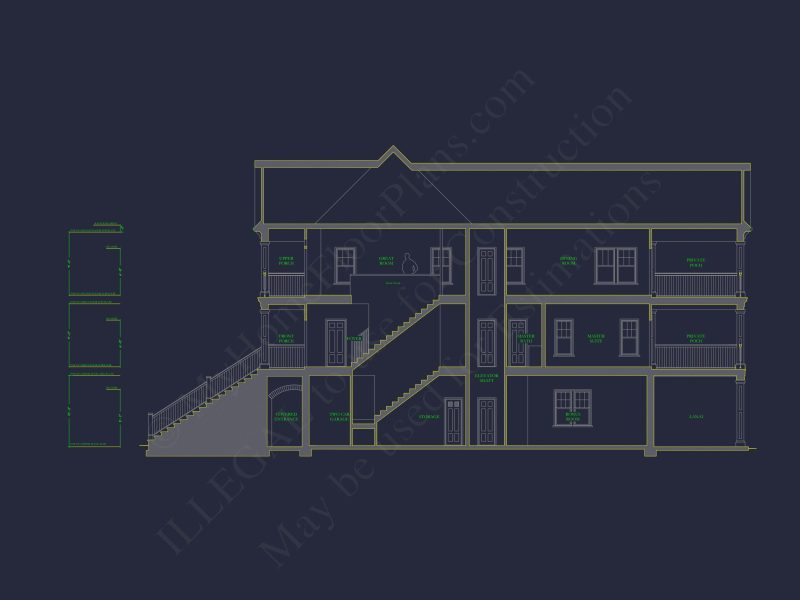Coastal house Floor Plan: 3-Story, 3-Bed, 2-Bath, CAD Blueprint