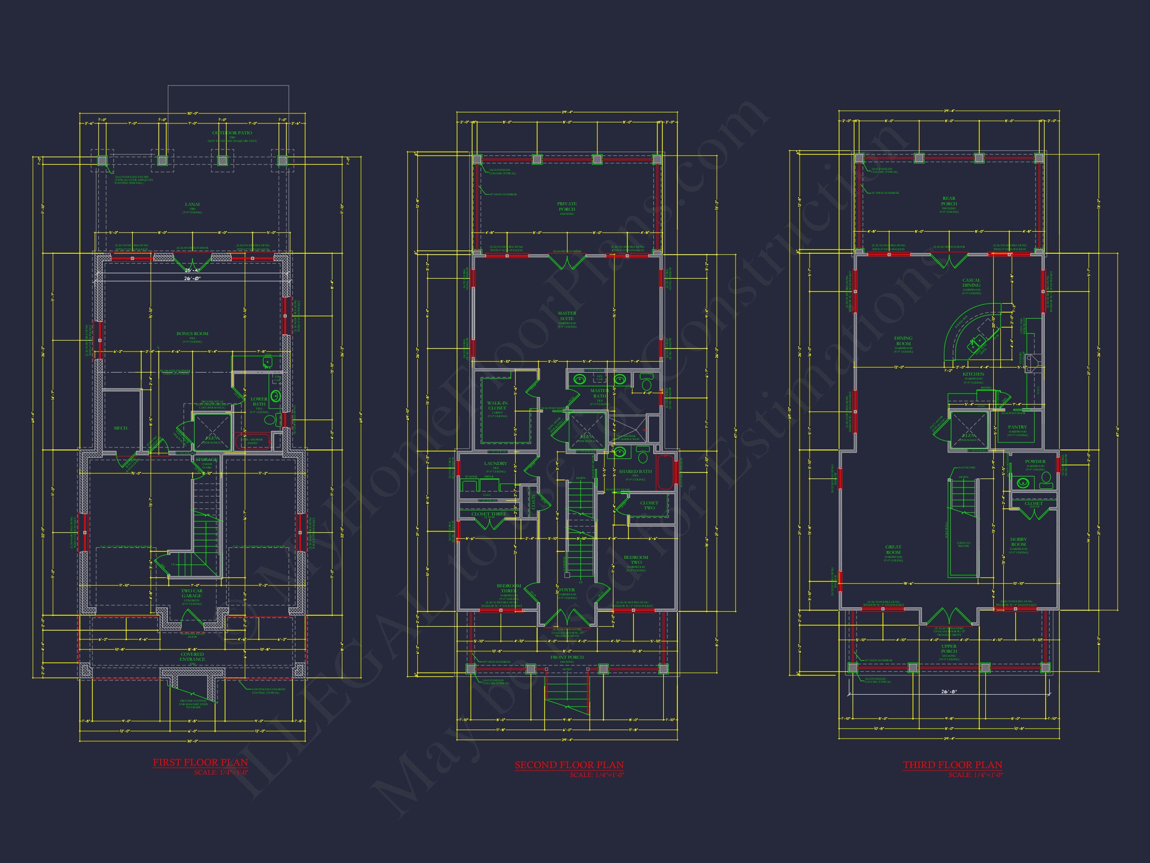 Coastal Home Floor Plan: 3-Story,3-Bed,2-Bath,CAD Blueprint