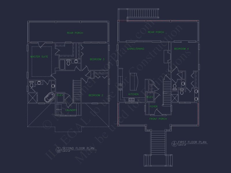 Coastal house Floor Plan: 4-Story Design with CAD Blueprint
