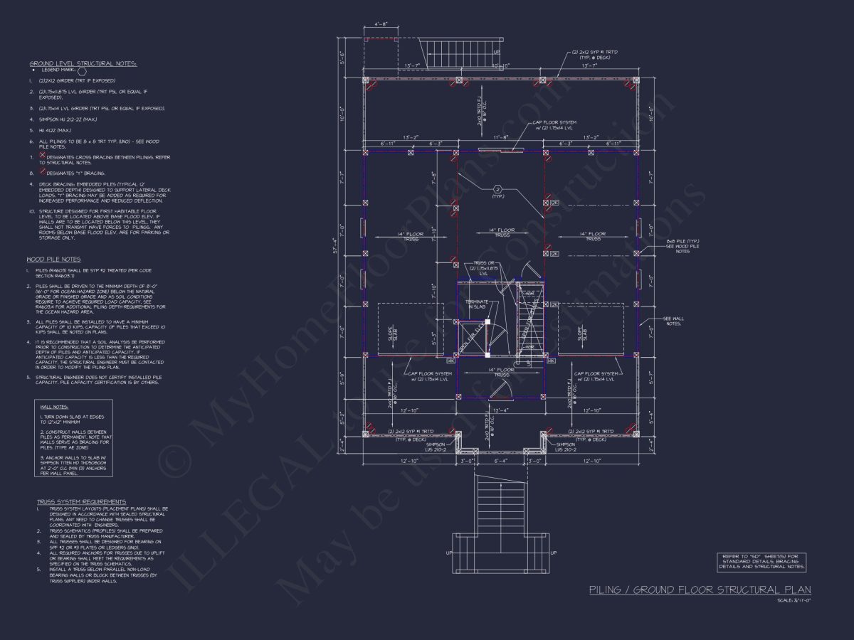 Coastal house Floor Plan: 4-Story Design with CAD Blueprint