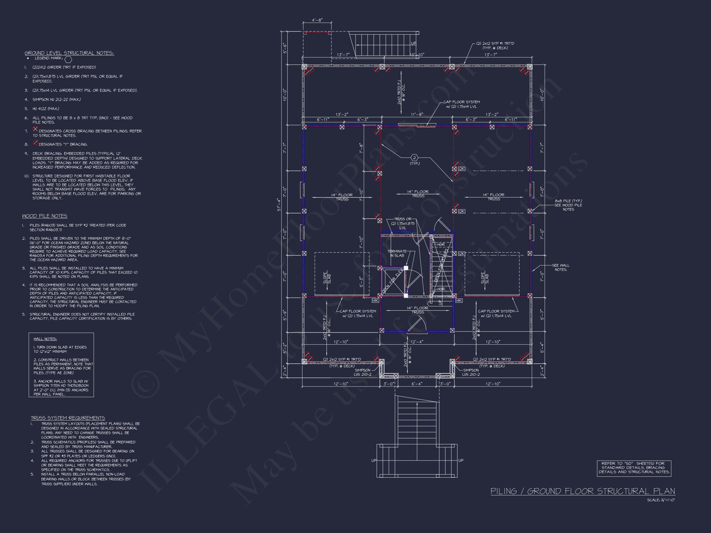 Coastal house Floor Plan: 4-Story Design with CAD Blueprint