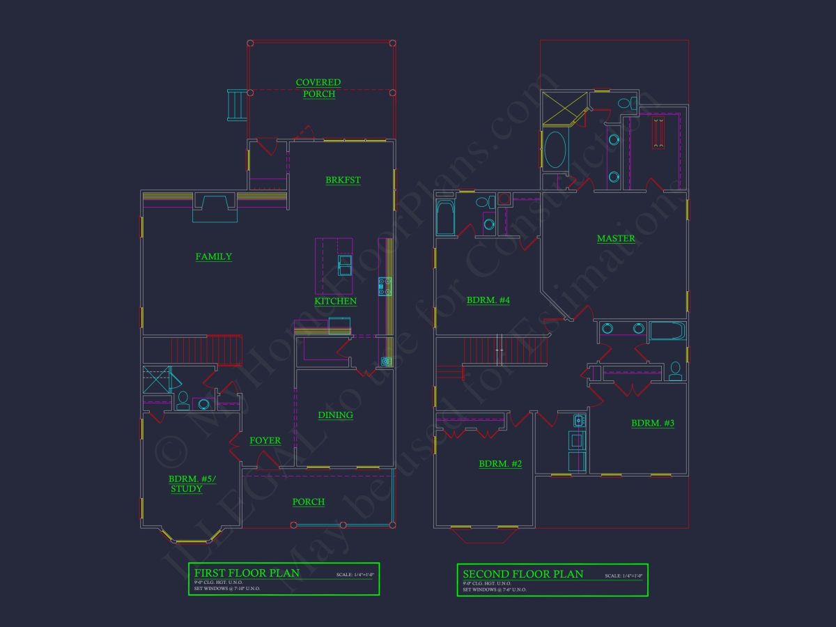 Colonial Farmhouse Floor Plan with CAD and Blueprint Designs