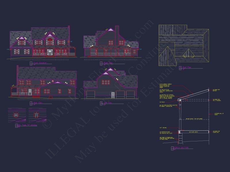 Colonial Farmhouse house Plan with 2 Floors and Detailed CAD Blueprint