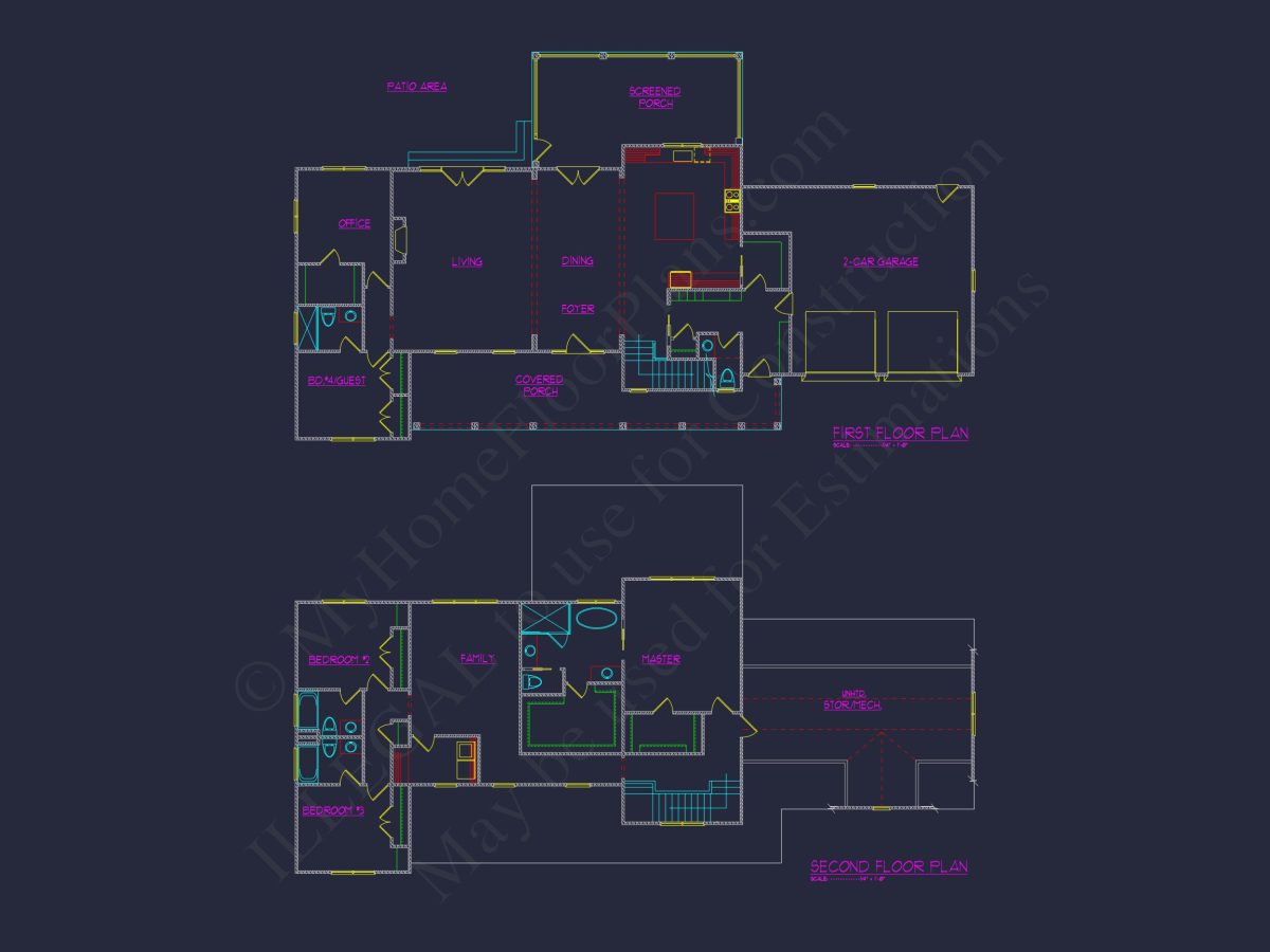Colonial Farmhouse house Plan with CAD Designs and Floor Blueprint
