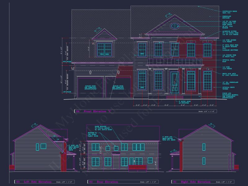 Colonial Revival house Plan - 4 Bed, 4 Bath, with CAD Designs