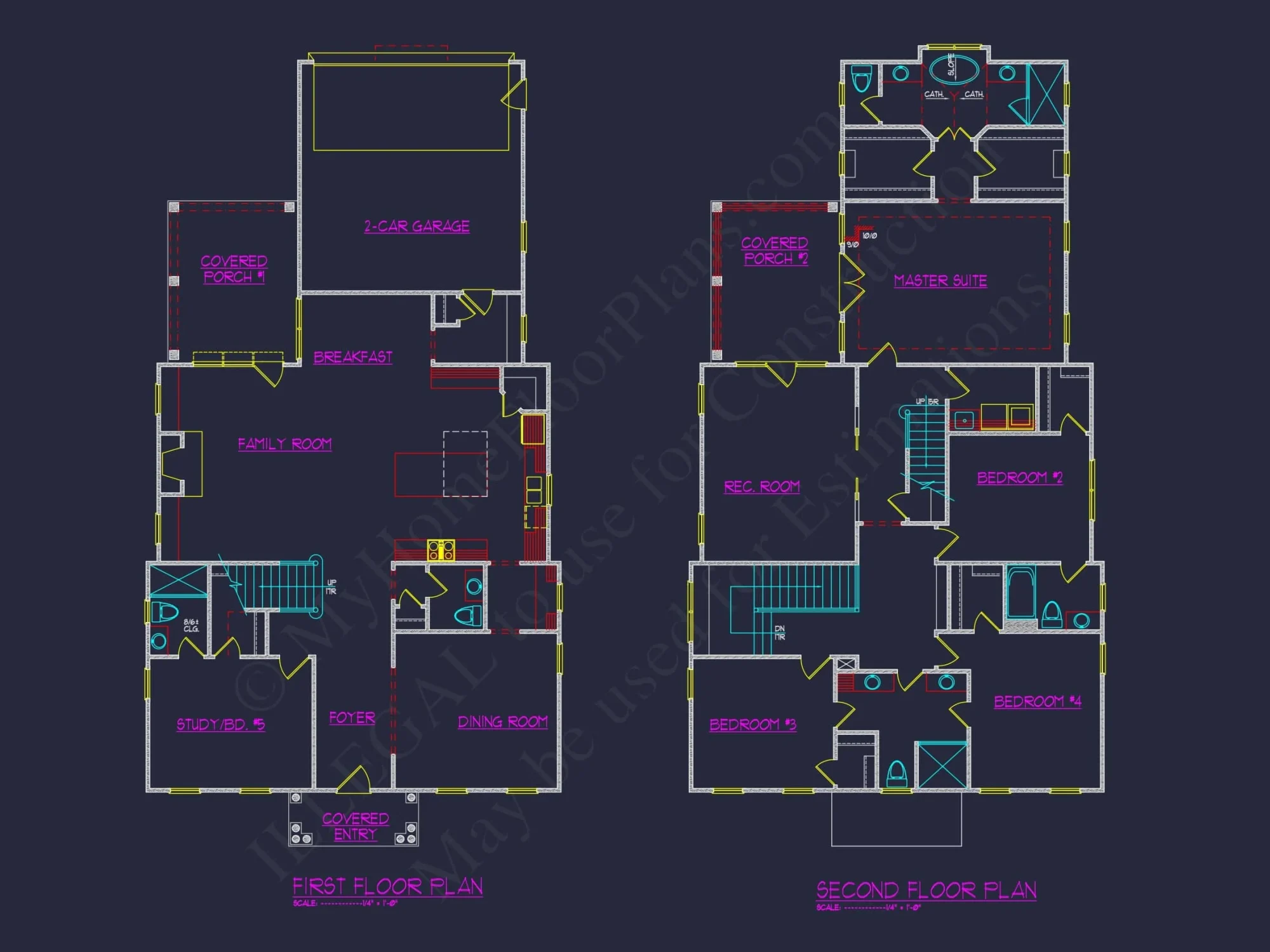 Colonial Revival house Plan with 5 Beds, CAD Floor Designs