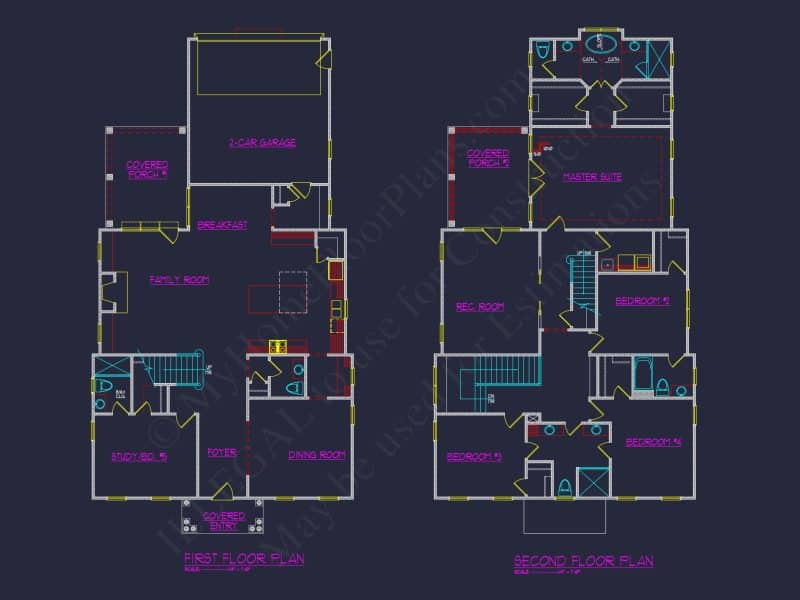 Colonial Revival house Plan with 5 Beds, CAD Floor Designs