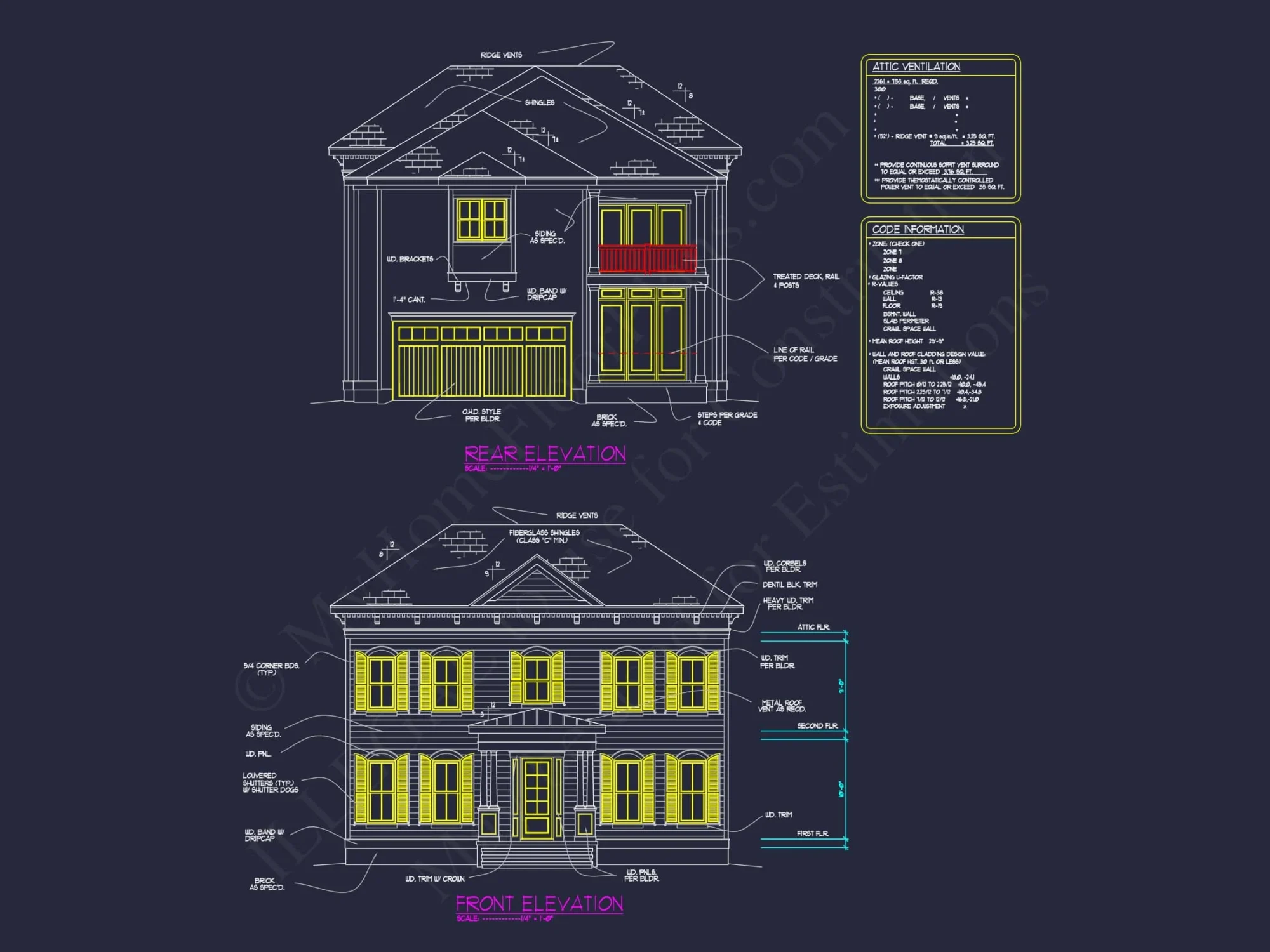 Colonial Revival house Plan with 5 Beds, CAD Floor Designs