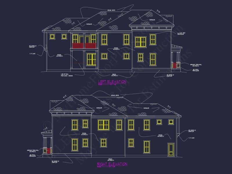 Colonial Revival house Plan with 5 Beds, CAD Floor Designs
