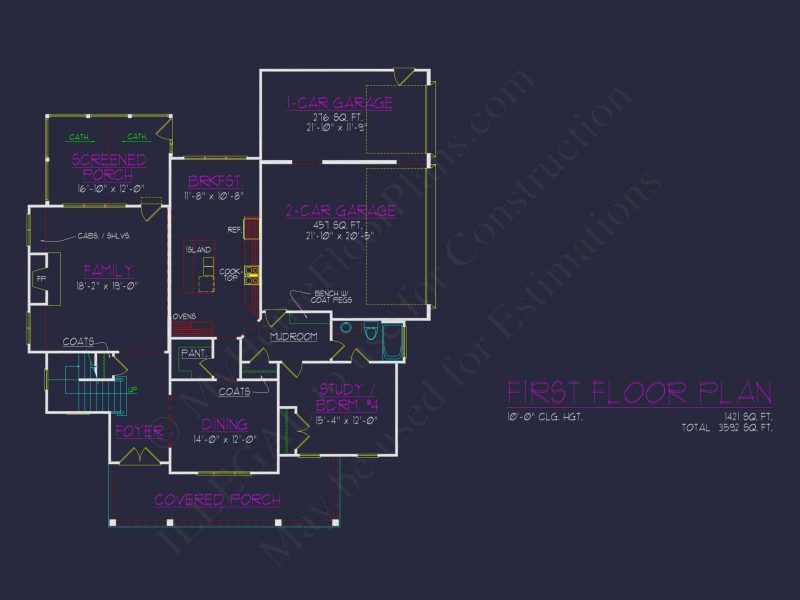 Colonial Revival house Plan with Spacious Design and CAD Blueprint