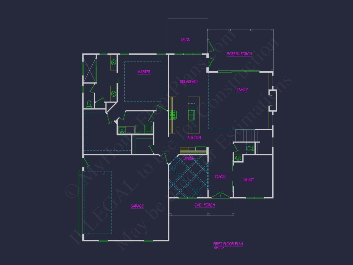 Craftsman house Floor Plan - 4 Bed, 3 Bath CAD Designs Blueprint