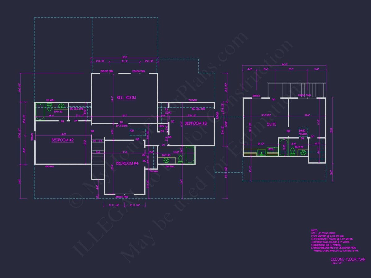 Craftsman house Floor Plan with 4 Beds, CAD Designs & Blueprint