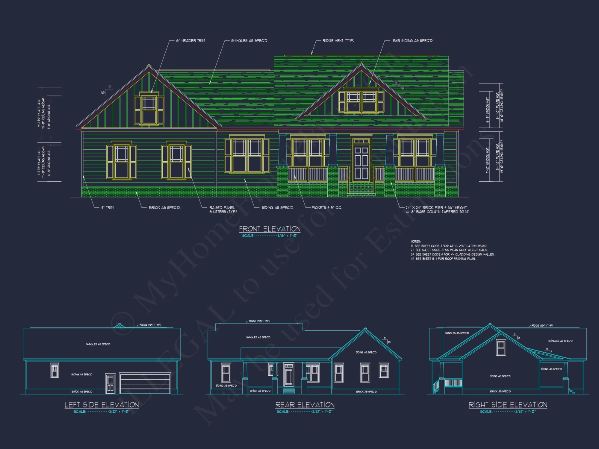 Craftsman house Plan: 3 Beds, 2 Baths, CAD Blueprint Designs