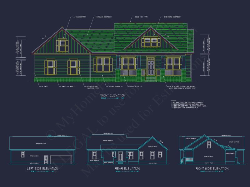 Craftsman house Plan: 3 Beds, 2 Baths, CAD Blueprint Designs