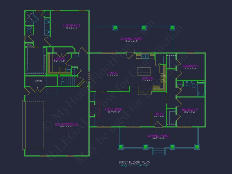 Craftsman house Plan: 3 Beds, 2 Baths, CAD Blueprint Designs
